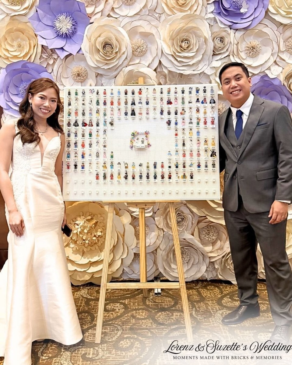 Lorenz and Suzette holding their wedding guestbook frame