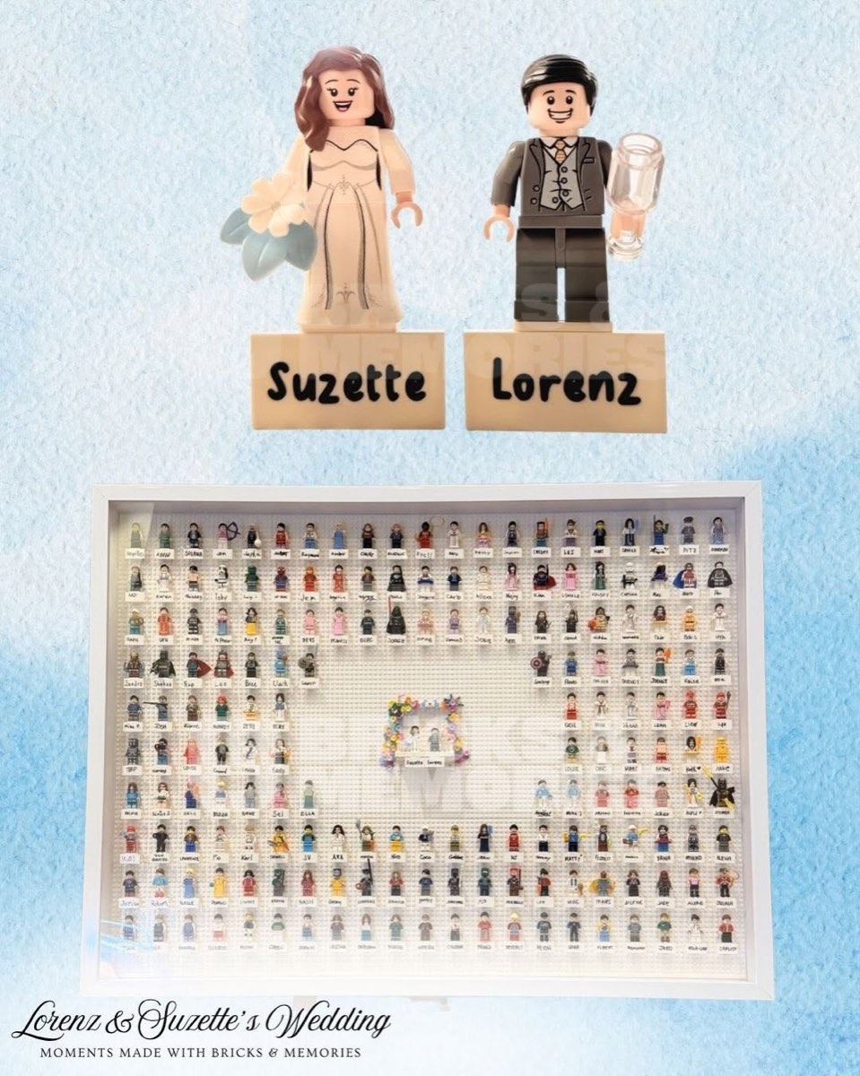 A framed pop art style minifigure portrait of a couple